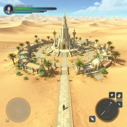 an isolated inhabited religious warrior village with pale colored spiritual sacred alien architecture in the lush oasis of a vast hot sand desert, 3 rd person action adventure, let's play, walkthrough, screenshot, gameplay, final fantasy, ffx, ff 8, chrono trigger, square enix, jrpg, cutscene, unreal engine, 4 k, rtx, next gen, hyper detailed, concept art
