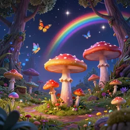 psychedelic mushrooms, enchanted cosmic forest, mushrooms on the ground, small fairies, stars in the sky, butterflies, rainbows, psychedelic, wide angle shot, white background, vector art, by helen huang and frank frazetta