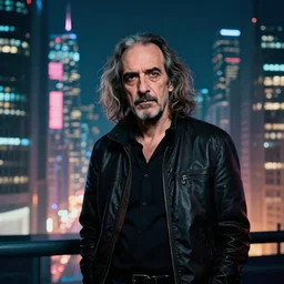 yuval noah harari in cyberpunk city, professional photography