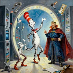 the third first image on the scattered absurdity server, dr seuss, and dr strange, very pretty, portal hopping and time warping with wild reckless abandonmade, highly detailed painting by gaston bussiere, craig mullins, j. c. leyendecker