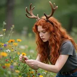 a woman with red hair and antlers, collecting flowers. Nature vibes. 4k photo