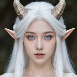 a photorealistic portrait of a beautiful elf, professionally retouched, soft lighting, hyper realistic, hyper detailed blue eyes, beautiful white detailed hair, detailed devil horns, wide angle, sharp focus, 8 k high definition, 6 4 megapixels, insanely detailed, stunningly beautiful
