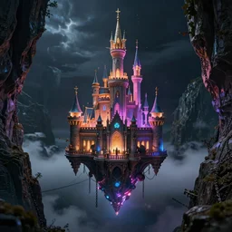 enchanted castle, hyper realistic cinematic view of floating castle hanging by chains in the air, in between a gorge, below only cloud dark void, structured by chains and cables on base, pro - vida, cosmic integration, cosmic color scheme, macro up view, neon, glow, darkness, dramatic, sharp focus, octane render, imax
