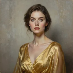 minimalist oil matte portrait painting, woman in a shiny golden dress, weathered concrete wall background, detailed face, wonderful masterpiece highly detailed, beautiful cinematic light deep focus, elegant, smooth, sharp focus, golden ratio, dramatic illumination, ultra realistic, 8 k, art by kristina alisauskaite and caravaggio