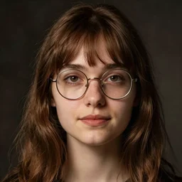 portrait of a young white woman, brown hair and bangs, a slightly big nose, slightly big jaw, round glasses