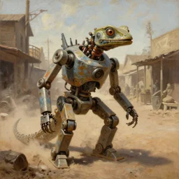oil painting of old rugged mechanical robot lizard in dusty wild west street, art by anders zorn, wonderful masterpiece by greg rutkowski, beautiful cinematic light, american romanticism by greg manchess, jessica rossier