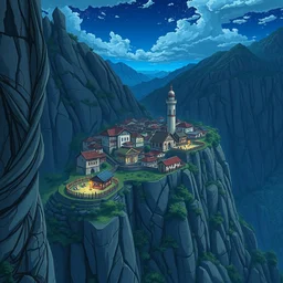 village on the side of a cliff, sharp focus, key anime visuals, studio ghibli, trending on artstation, detailed, 4 k
