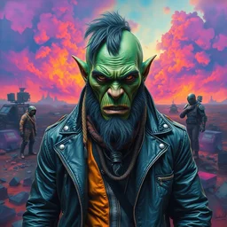 a portrait of an apocalyptic scifi orcish biker character standing in a toxic wasteland, professional photo, psychedelic vibrant colors, futuristic punk rock fashion, highly detailed oil painting by michael whelan art, perfect expressive face, sharp focus, detailed eyes, realistic, leather jacket, 8 k, michael whelan art