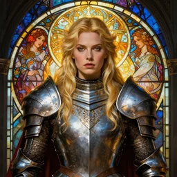 masterpiece head-on symmetrical centered painted portrait, Imogen Poots as a paladin, Warcraft class, blonde hair, glorious, wearing full metal armour, glowing stained glass backdrop, elegant, in the style of Ruan Jia and Artgerm and Edgar Maxence and Ross Tran and Alphonse Mucha and Ayami Kojima and Charlie Bowater and Greg Rutkowski and Karol Bak and Jean Delville, Art Nouveau, Pre-Raphaelite, Neo-Gothic, gothic, Art Nouveau, rich deep moody colors, 8k, specular highlights, octane render