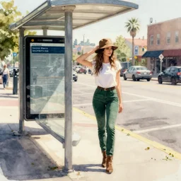 cowgirl in bucket hat dark green skinny jeans waits at sunny urban Seattle Metro bus stop watercolor pastel painting artstation