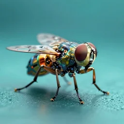 high quality macro robot metallic tachinid fly! gorgeous highly detailed hannah yata elson peter cinematic turquoise lighting high quality low angle hd 8k sharp shallow depth of field