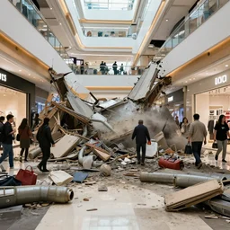the interior of a shopping mall collapsed due to a gas explosion