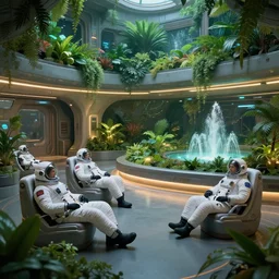 people in space uniforms relaxed in a well lit spaceship main hall with lush green gardens with fountains, cyberpunk, moody, relaxing, luminescent, rule of thirds, fresh, golden ratio, ambient lighting, syd mead, greg rutkowski, wlop, artgerm, trending on artstation, highly detailed masterpiece