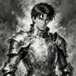 black and white portrait painting of guts from berserk in his berserker armor