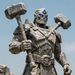 cinematography realistic detailed picture of stone giant humanoid cyclope, holding a hammer, no mouth, triangular helmet, blue light from eye, rough stone texture, hazy blue skies in the background, unreal engine,