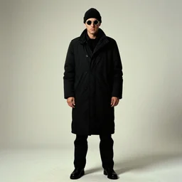 full body shot, small circle!!! round!!!! sunglasses, serious dramatic jean reno wearing circle!! round!! sunglasses and a beanie cap, wearing long black winter coat, full body shot, film still from leon the professional