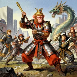 monkey king medieval chines armor fighting dragon in tokyo city by gaston bussiere, greg rutkowski, yoji shinkawa, donato giancola, tim hildebrandt