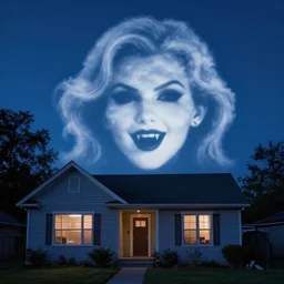 wipsy clouds shaped like a vampire womans face with an ear-to-ear mouth, pointy teeth, nightime, blue pallete, an old suburban house, 4k