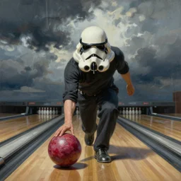 a stormtooper bowling, painting by ralph mcquarrie