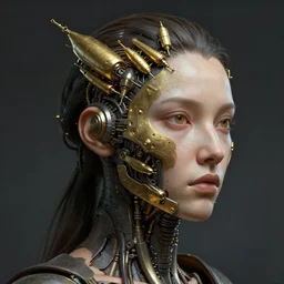 human 3 d by pantokrator, woman head made of mech mask rendered in unreal engine, ancient technology, cyberpunk, dark, scifi, golden cyberntic vessels coming from core processor, contrast, painted by david burliuk | bernard buffet | carne griffiths | stanislaw lem