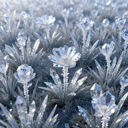 a field of crystal flowers, subsurface scattering, octane render