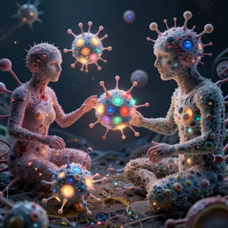 quantum connections represented as symbiotic organisms like cells playing around with colorful lights by ernst haeckel
