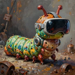 junky caterpillar, cybertronic gadgets and vr helmet, flesh + technology, durty colours, long shot, rotten textures, rusty shapes, biotechnology, norman rockwell, tim hildebrandt, dariusz zawadzki, bruce pennington, larry elmore, hyperrealistic oil painting on wood, deep depth field, masterpiece, cinematic composition, hyper - detailed, hd, hdr