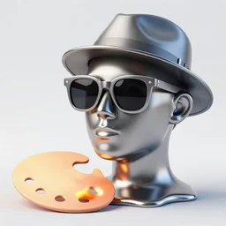 a head made out of melting metal, hot palette, it is wearing sunglasses and a hat, there are flowers all around it, yellow paint melting, vogue cover style, demonic style, smooth fractal style