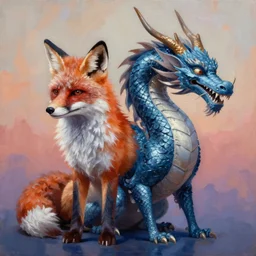 painting of hybrid between fox & dragon!!!!, intercrossed animal, mixture animal, by tiffany bozic, by zdzislaw beksinski, by salvador dali, cold hue's, warm tone gradient background, concept art, beautiful composition, digital painting