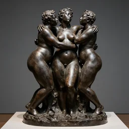 onyx sculpture of three beautiful sensual obese black people embracing each other in ecstasy, climax, museum artifact