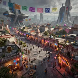 cinematic titled angled view action shot clean concept art of a postapocalyptic futuristic small mexican town cobbled kiosko central town square, simon besombes studio ghibly and pixar, blade runner 2 0 2 9 guanajuato alleys, hanging mexican dia de muertos paper decorations, futuristic colonial city architecture, crowded, angled shot, environmental lighting, stromy weather, ray tracing, amazing view, highly detailed, neon shops, octane render, unreal engine 5, 4 k