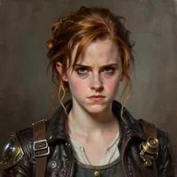 portrait painting of a scowling dieselpunk emma watson as hermione granger, sharp focus, award - winning, trending on artstation, masterpiece, highly detailed, intricate. art by josan gonzales and moebius and deathburger