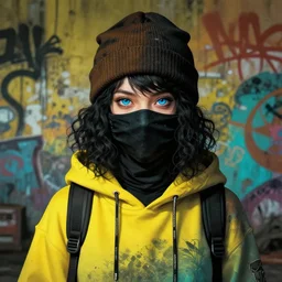 highly detailed portrait of a sewerpunk student lady with blue eyes, hoody, beanie hat, ninja face mask, black curly hair by atey ghailan, james gilleard, by joe fenton, by greg rutkowski, by greg tocchini, by kaethe butcher, gradient yellow, black, brown and cyan color scheme, grunge aesthetic!!! ( ( dystopian graffiti tag wall background ) )