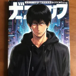 manga cover, black-haired man wearing a black hoodie, thin beard stubble, short hair, intricate cyberpunk city, emotional lighting, character illustration by tatsuki fujimoto