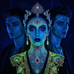 a blacklight reactive visionary fineart portrait. composition by igor goryunov. intricately ornated by andrei riabovitchev, tomasz alen kopera. background by : luminokaya cameron gray and salviadroid. stylized by subjekt zero. cgi. artstation. deviantart
