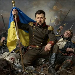 an oil  painting of wounded  Volodymyr Zelensky at war,  dressed like  Napoleon Bonaparte, sitting between corpses, holding a torn flag of Ukraine in his  hand,  hyper realistic, hyper detailed,  sharp focus,  depth of field, High definition, 8k, by Benjamin West