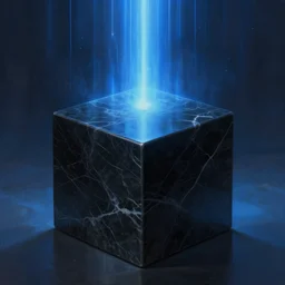 foreground : big black marble cube. background : vertical blue beam of light, flux. fantasy, digital painting, hd, detailed.