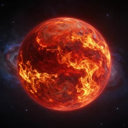 A red planet of spicy fire with luminous patches glowing menacingly against a galaxy background