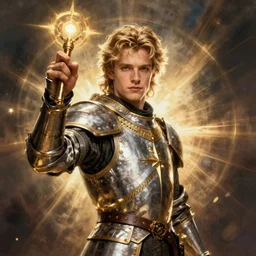 portrait of young james spader with blond hair as a paladin, casting a protection spell, by bayard wu