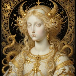 a beautiful girl made of ivory and gold, highly intricate, digital art, very detailed, in the style of a weird and dark art noveau flemish painting