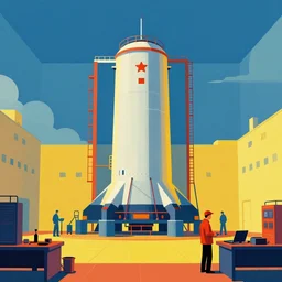 working soviet nuclear open reactor hall with worker peoples. cinematic environment. retrofuture simple shapes design, contrast, colorfull and bright. trending on artstation.