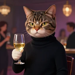 intellectual cat, wearing turtleneck, cocktail party, looking smart, holding glass of wine, pompous expression, digital art, artstation, cgsociety, deviantart