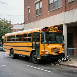 School bus crashing into a building photograph, 4k