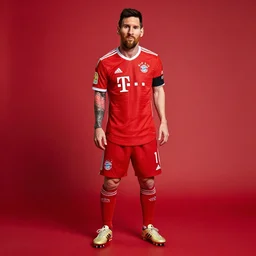 a photography of Lionel Messi wearing a Bayern Munich jersey, red background, full body shot, studio lighting, realistic