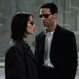 in the style of a romantic comedy movie, still from the matrix ( 1 9 9 9 )