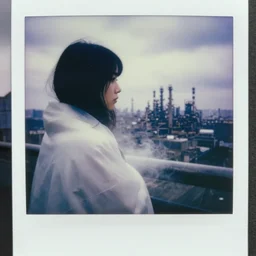 mysterious sad girl wrapped in smoke observing a big industrial city metropoli in the distance, cloudy sky, polaroid artistic photo