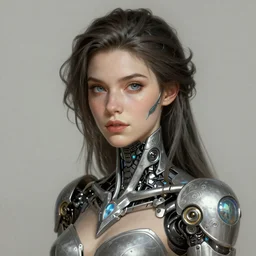 female cyborg portrait, D&D, fantasy, intricate, elegant, highly detailed, digital painting, artstation, concept art, matte, sharp focus, illustration, hearthstone, art by Artgerm and Greg Rutkowski and Alphonse Mucha