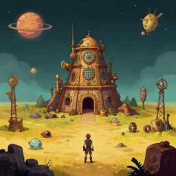 in front of a remote human outpost on a remote planet, from a space themed point and click 2 d graphic adventure game, art inspired by steampunk and thomas kinkade
