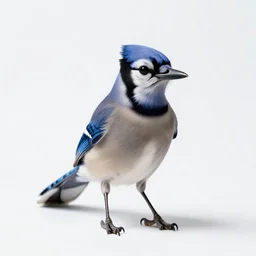 striped blue jay, professional studio photo, full body, isolated on a pure white background, centered, entire subject in frame, sharp focus, soft studio lighting