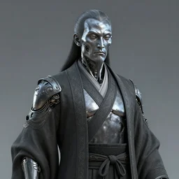 portrait of a male daoshi with metallic skin by wlop, wuxia, xianxia, daoshi, taoist priest, taoist master, patterned metallic skin, cyborg, daopao, taoist robe, noragi, solemn, wise, middle - aged, detailed, realistic, anatomically accurate, fantasy illustration, artstation, wlop, hi - res, 4 k.